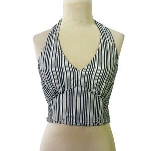 American Eagle Halter Top Blue White Striped Crop Smocked Back Medium‎ M